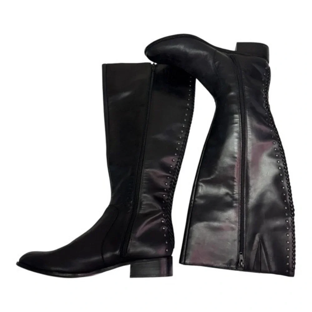 Antonio Melani‎ Black Leather Studded Braided Riding Boots  Size 7.5